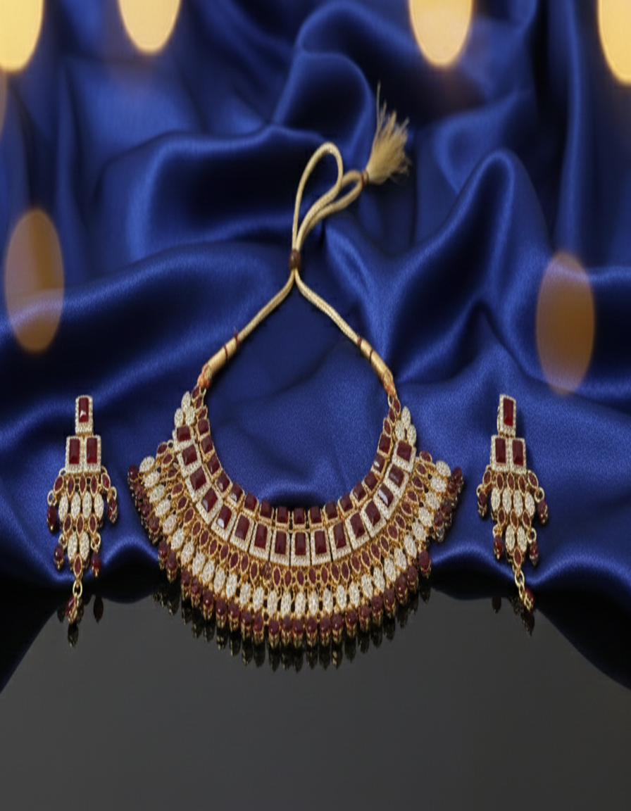 Regal Ruby Red CZ Choker Necklace and Earring Set - Gold Tone Bridal