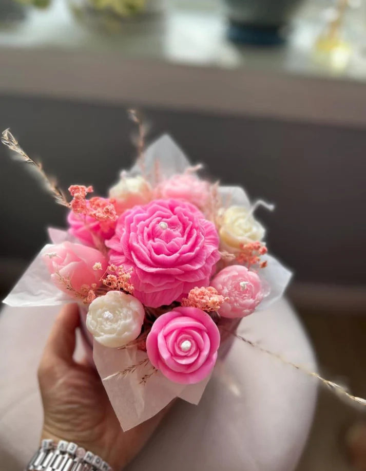 Chic Pink and White Sculpted Wax Flower Candle Arrangement in Decorative Gift Box Rose Dew Pakistan
