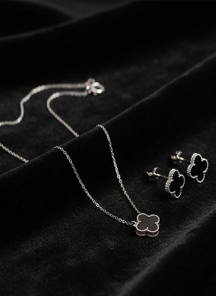Black Clover Motif Silver Necklace & Stud Earrings Set