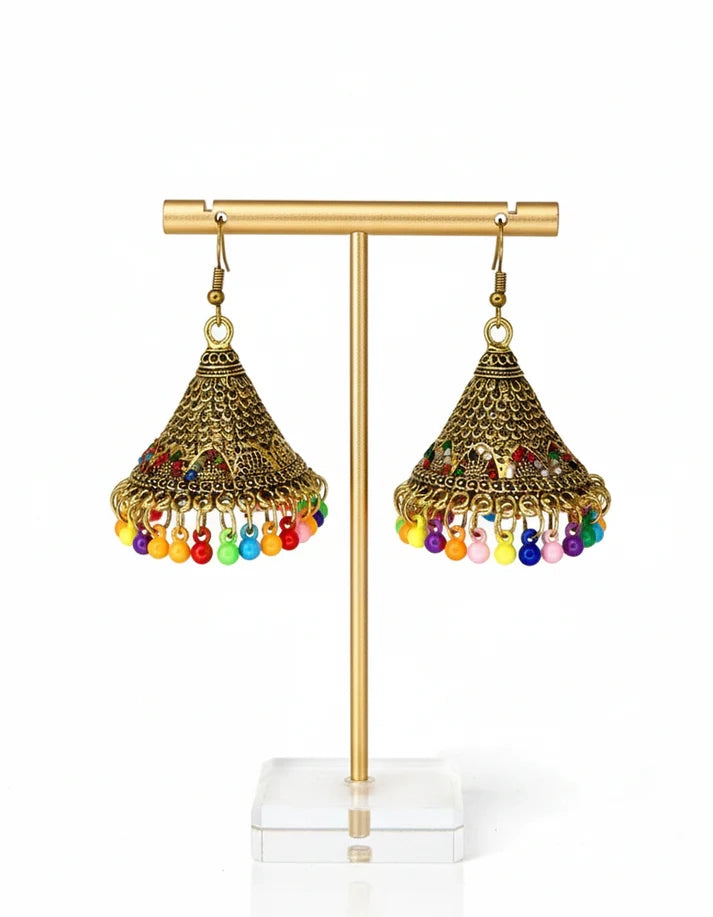 Multicolor Bead Tassel Filigree Antique Gold Jhumka Earrings