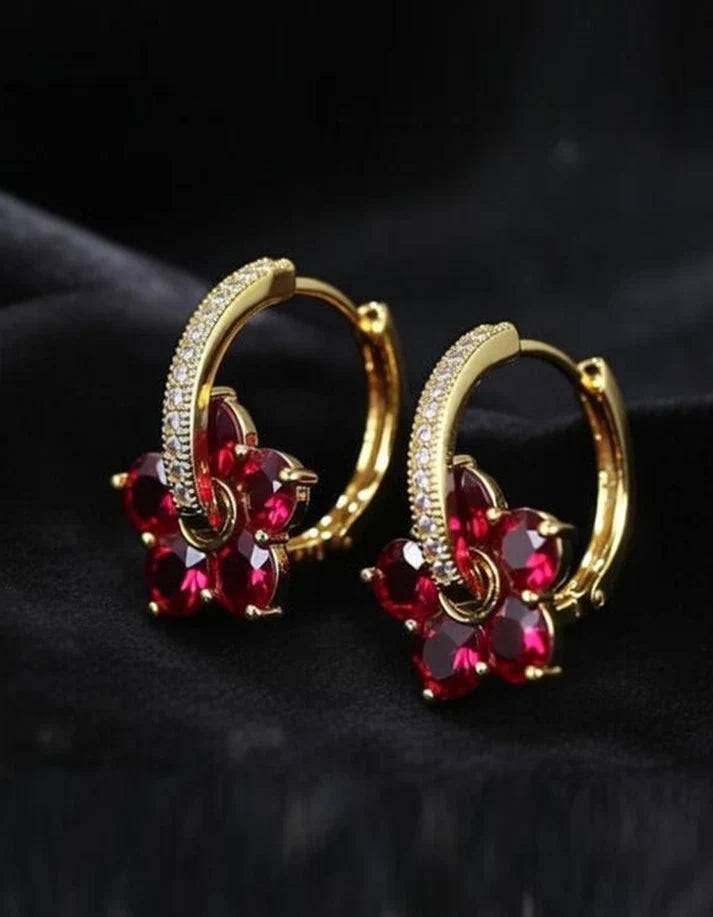 Ruby red floral earrings in branded gift box packaging — Rose Dew Pakistan