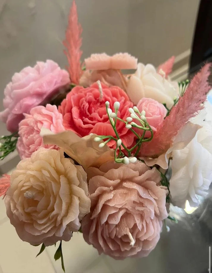 Luxurious peony rose floral candle bouquet coral blush gift Rose Dew Pakistan