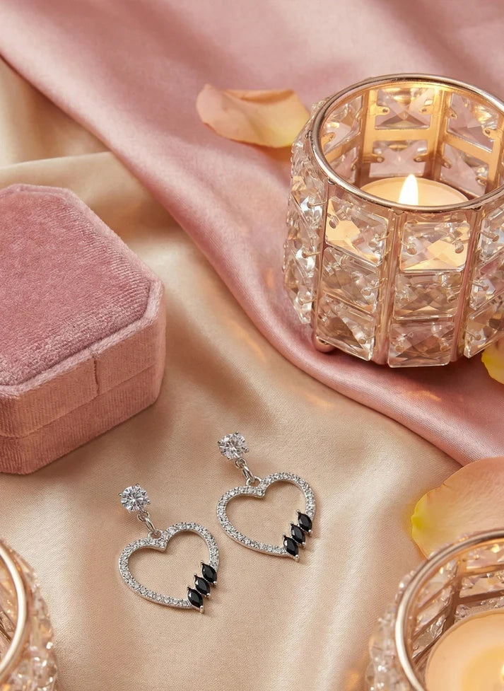 midnight noir heart drop earrings evening style Rose Dew Pakistan