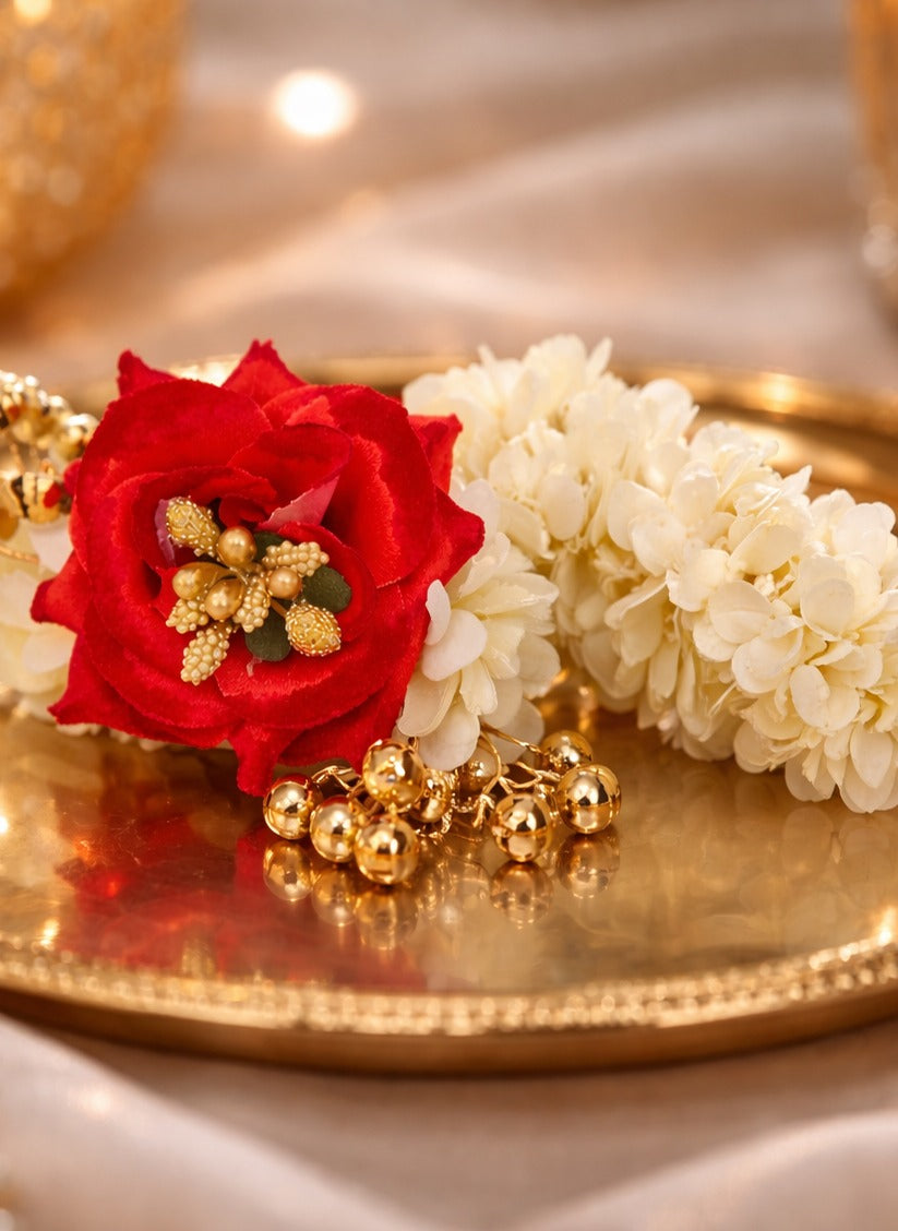 Close up white jasmine red rose gold sprig artificial gajara bangle Rose Dew