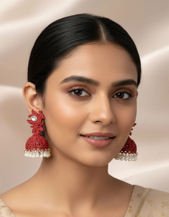 Matte Red Pigeon Motif Crystal Pearl Fringe Bell Jhumka Earrings for Brides Pakistan