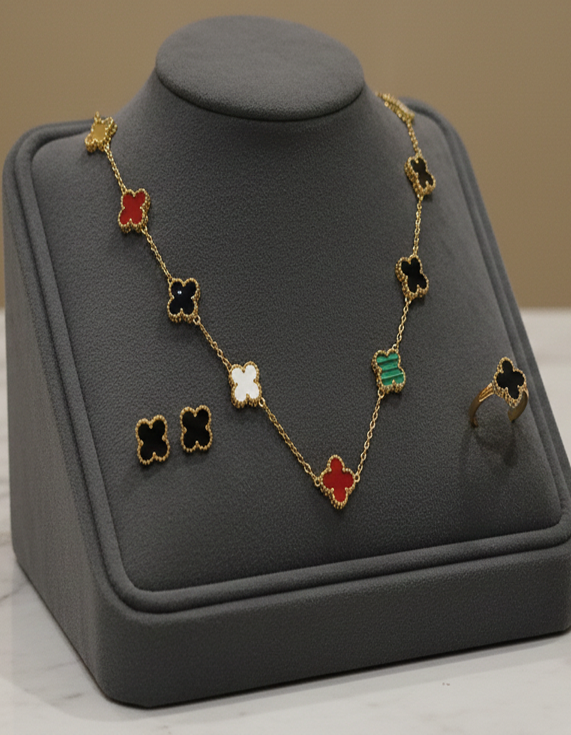 Elegant Gold-Plated Clover Motif Necklace, Earrings & Ring Set