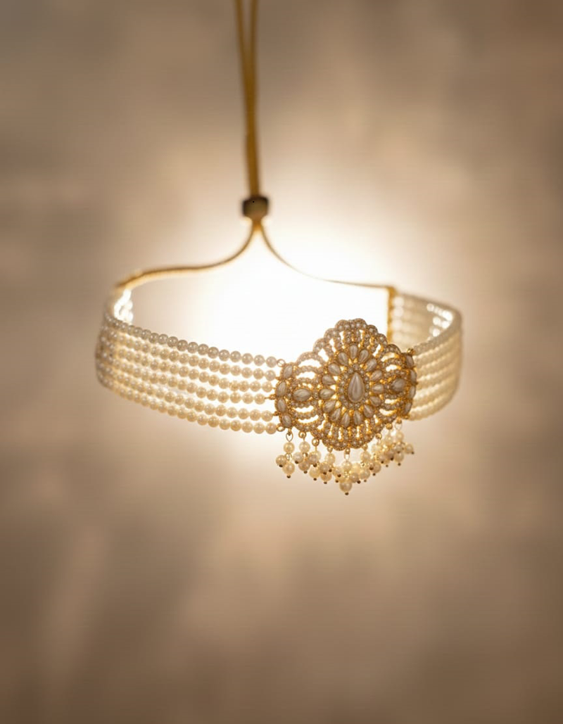 Luxury Pearl Choker Necklace and Jhumka Earring Set - Gold Tone Bridal