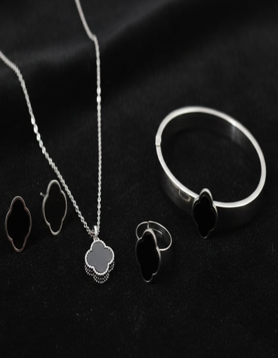 Silver-Tone Black Clover Motif Jewelry Set (Necklace, Earrings, Bangle, Ring)