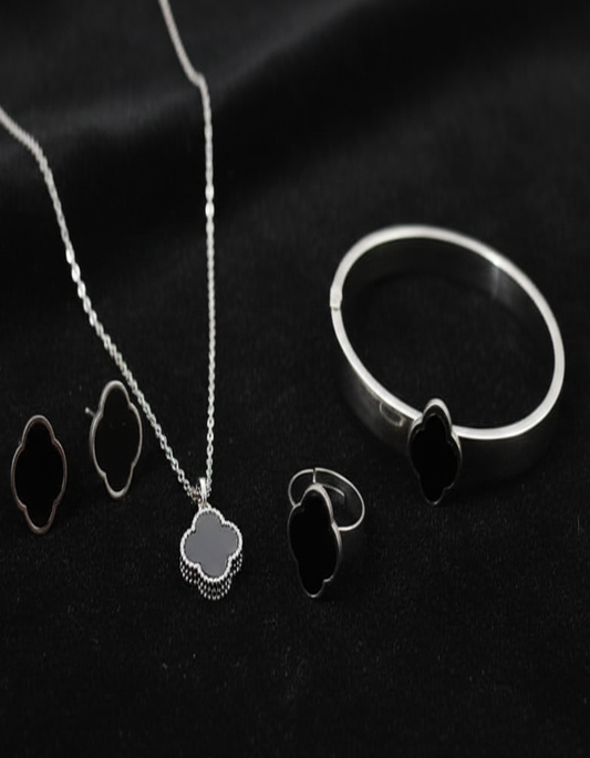 Silver-Tone Black Clover Motif Jewelry Set (Necklace, Earrings, Bangle, Ring)
