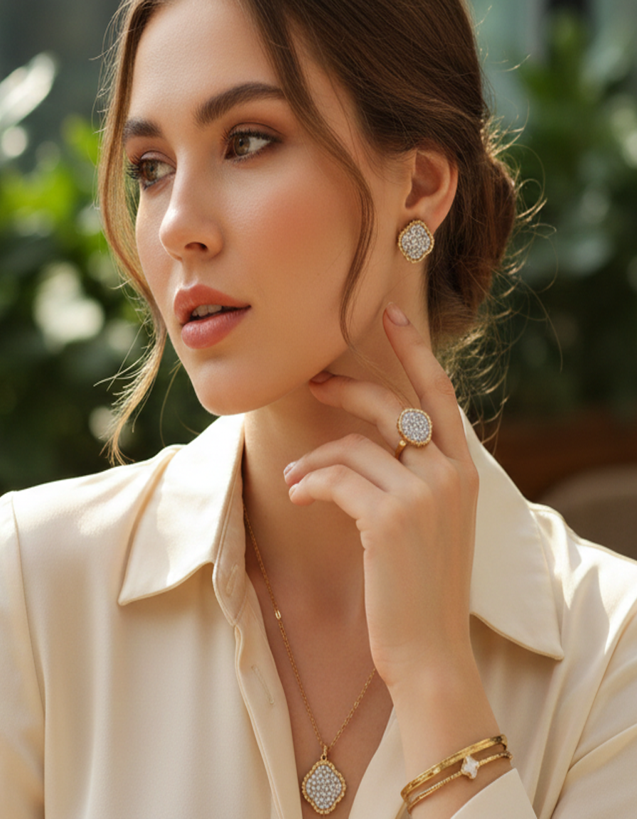 Pavé Crystal Clover Pendant Necklace, Bangle & Stud Set