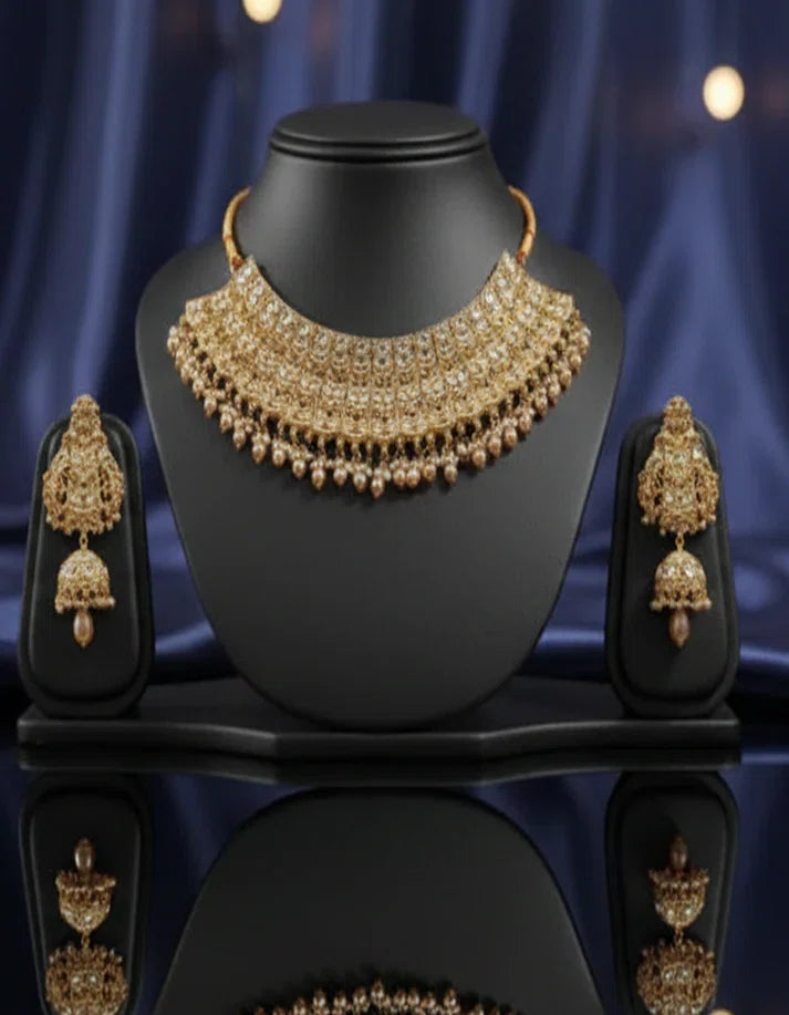 Premium Polki Kundan Bridal Choker and Jhumka Earring Set Antique Gold Pakistan