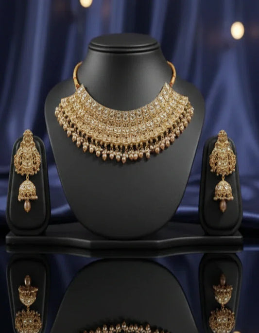 Premium Polki Kundan Bridal Choker and Jhumka Earring Set Antique Gold Pakistan