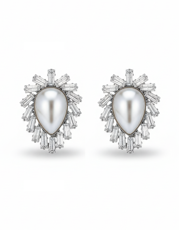 Luxurious Teardrop Pearl and Baguette CZ Sunburst Stud Earrings