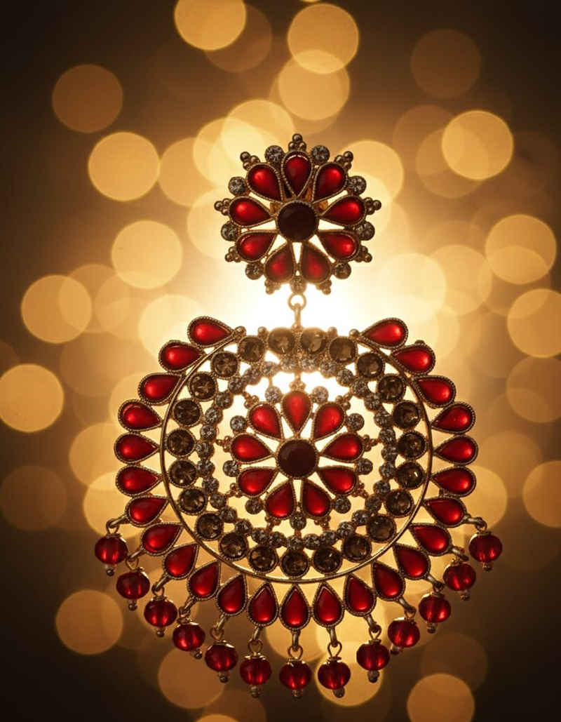 Premium Ruby Red Dangle Earrings - Indian Bridal/Festive Jhumka Style