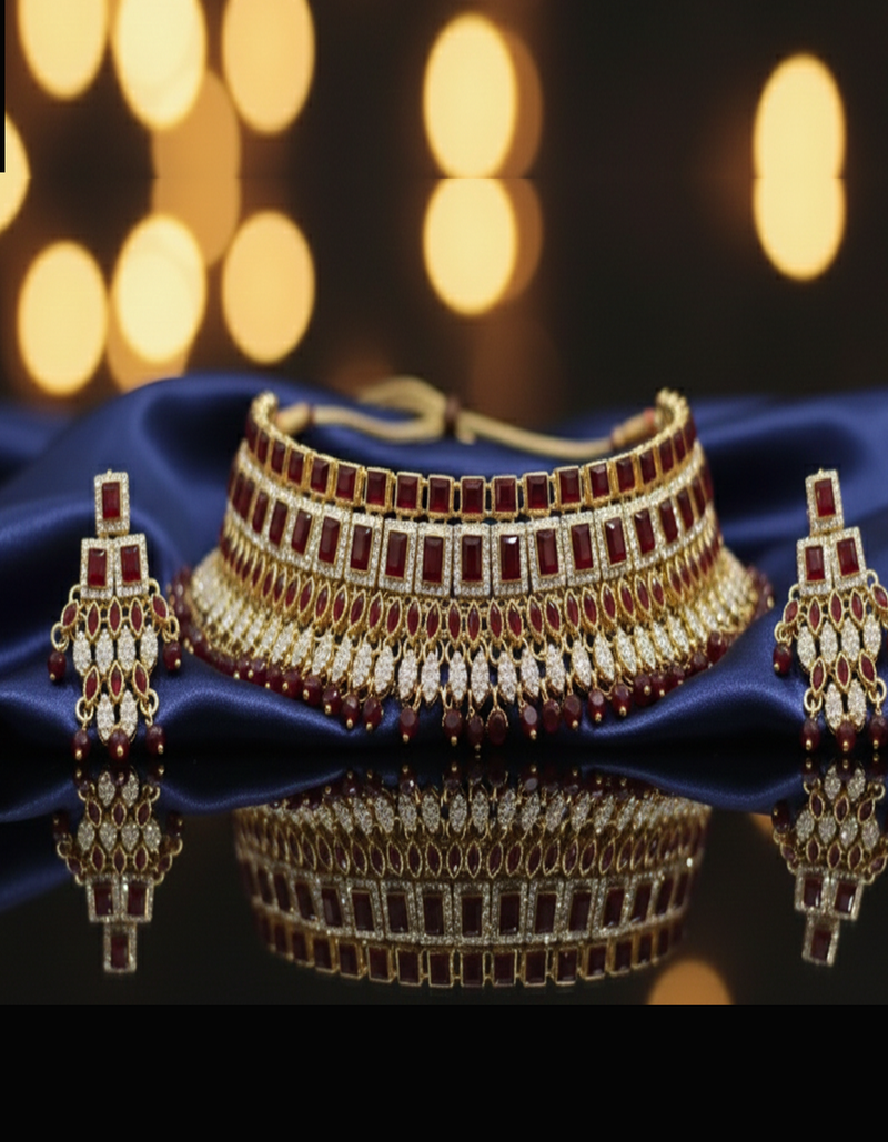 Regal Ruby Red CZ Choker Necklace and Earring Set - Gold Tone Bridal