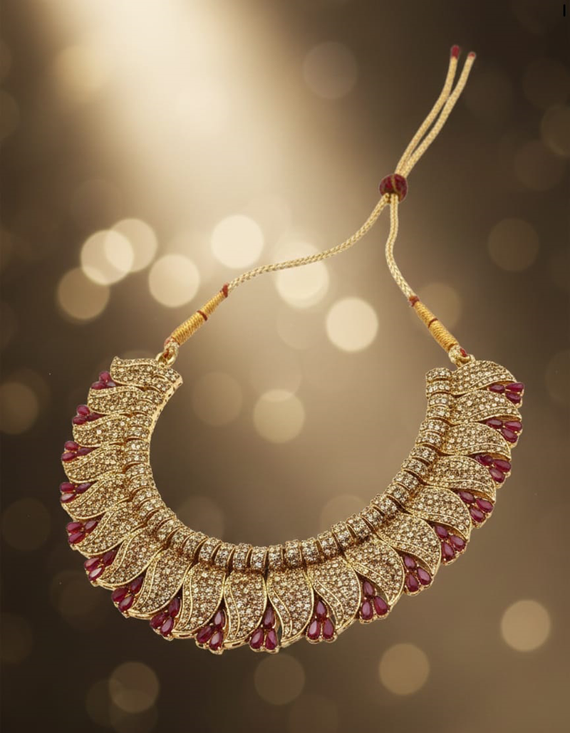 Complete Red Stone CZ Bridal Jewellery Set with Necklace, Earrings & Maang Tikka