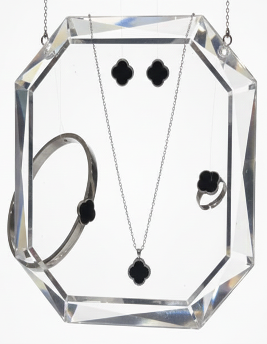 Silver-Tone Black Clover Motif Jewelry Set (Necklace, Earrings, Bangle, Ring)