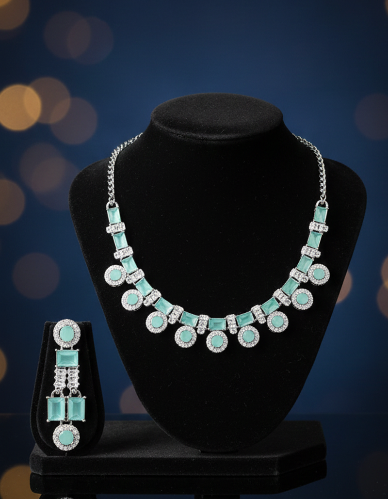 Modern Aqua/Mint Green CZ Geometric Choker Necklace Set