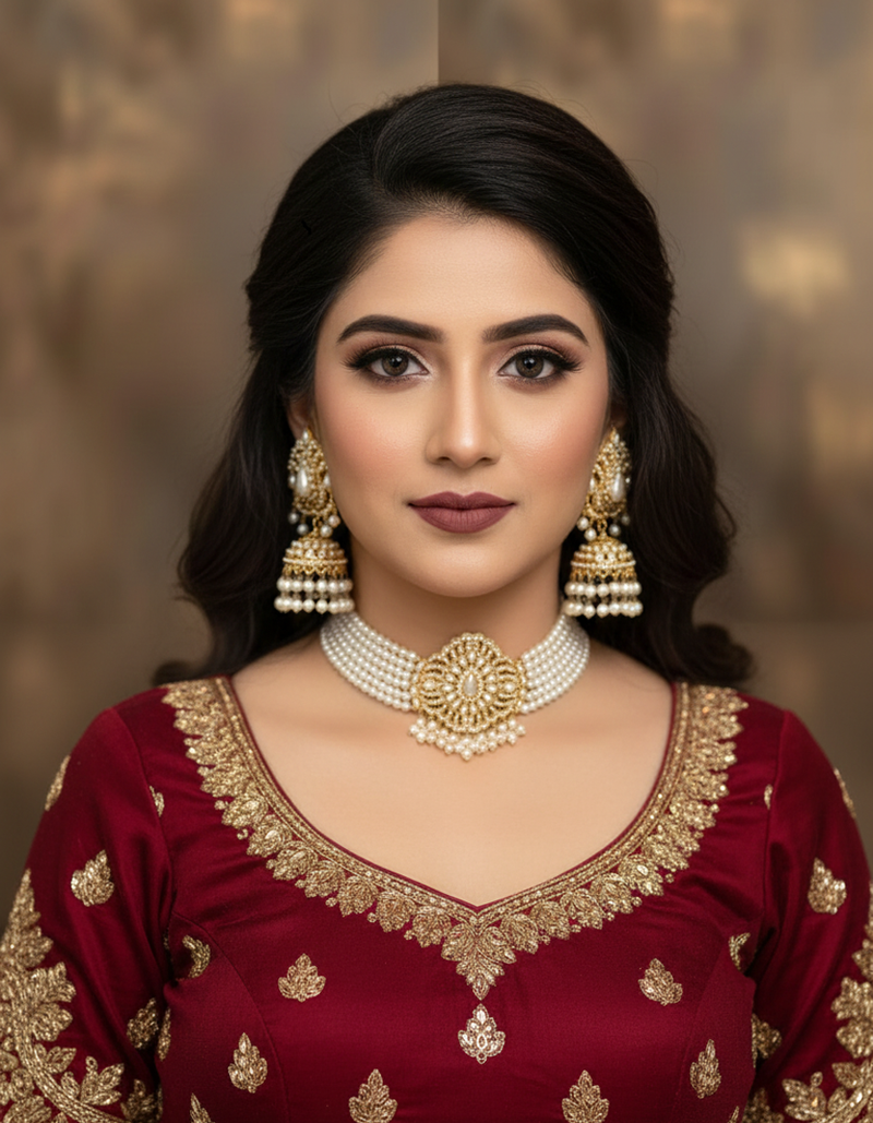 Luxury Pearl Choker Necklace and Jhumka Earring Set - Gold Tone Bridal