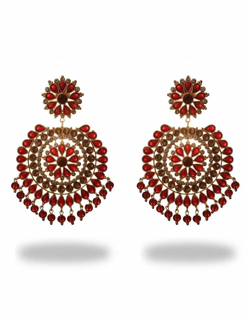 Premium Ruby Red Dangle Earrings - Indian Bridal/Festive Jhumka Style