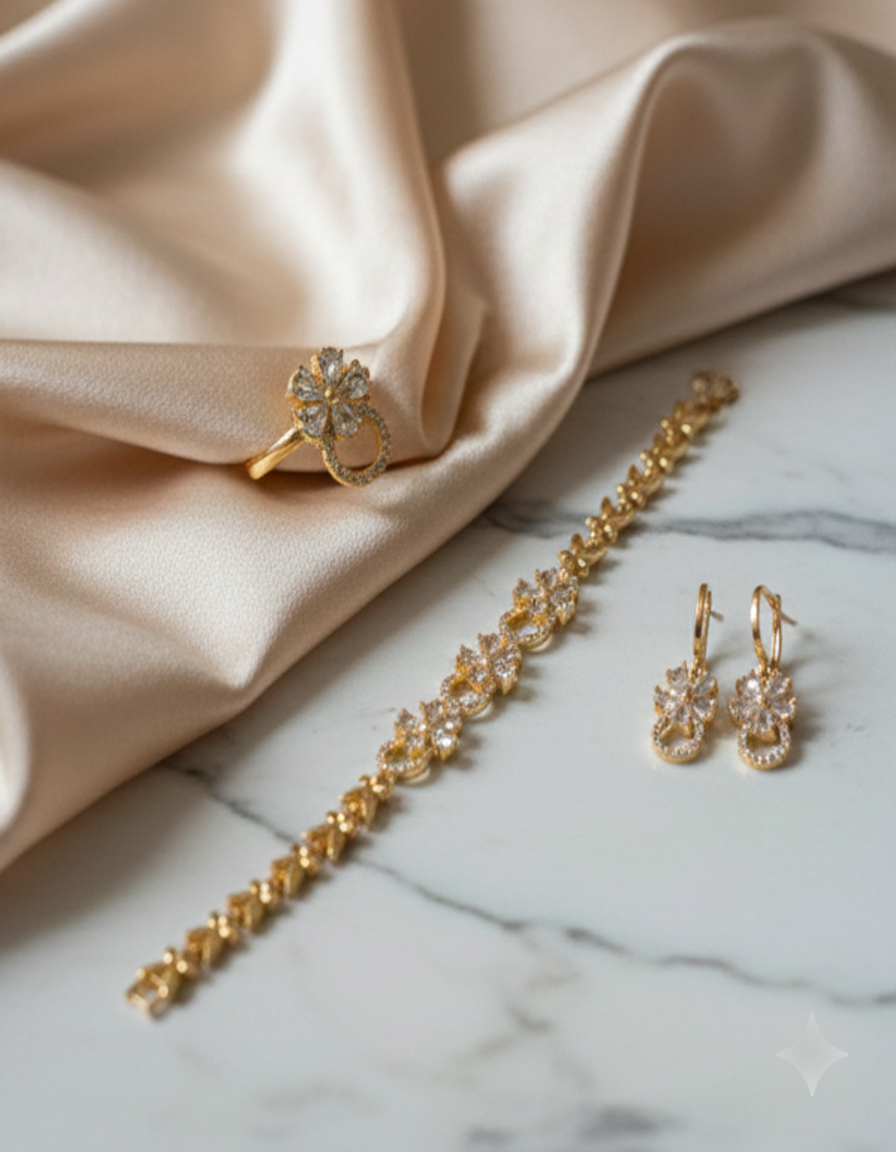 Dazzling Gold-Plated CZ Floral Jewelry Set (Bracelet, Earrings, Ring)