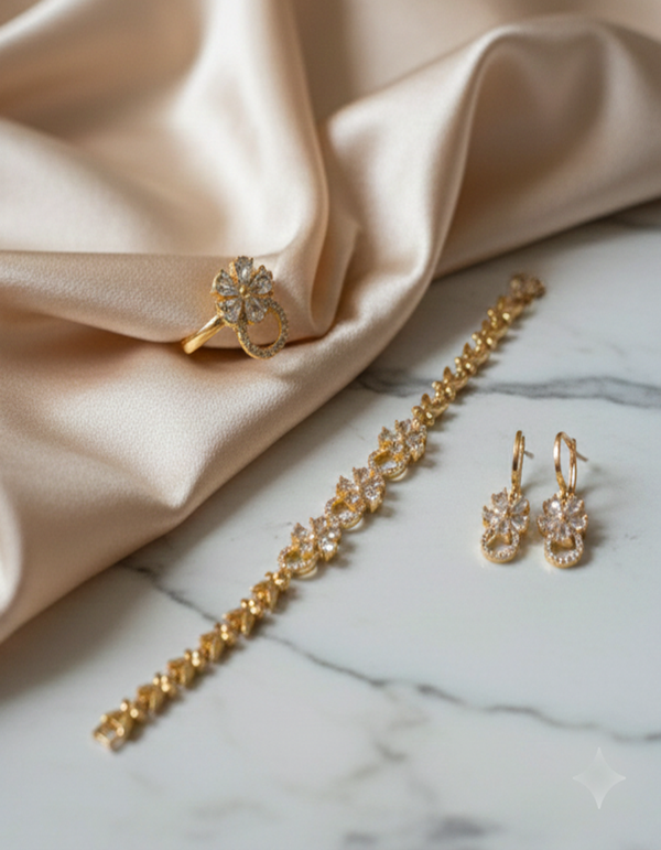 Dazzling Gold-Plated CZ Floral Jewelry Set (Bracelet, Earrings, Ring)