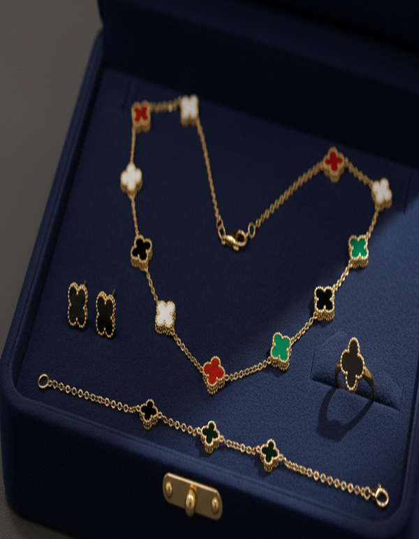 Elegant Gold-Plated Clover Motif Necklace, Earrings & Ring Set