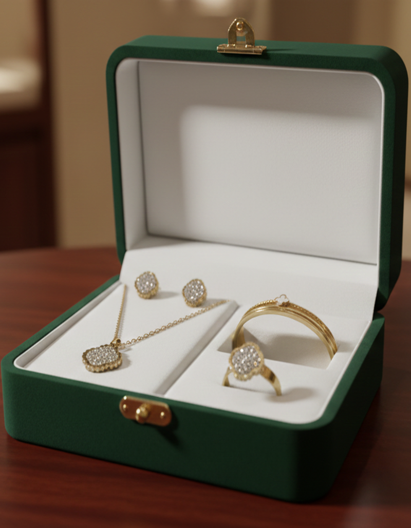 Pavé Crystal Clover Pendant Necklace, Bangle & Stud Set