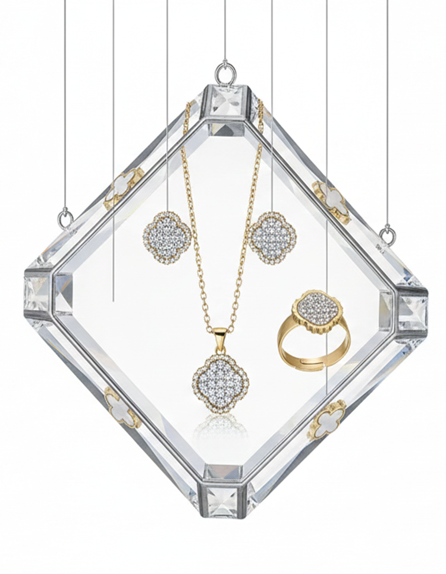 Pavé Crystal Clover Pendant Necklace, Bangle & Stud Set