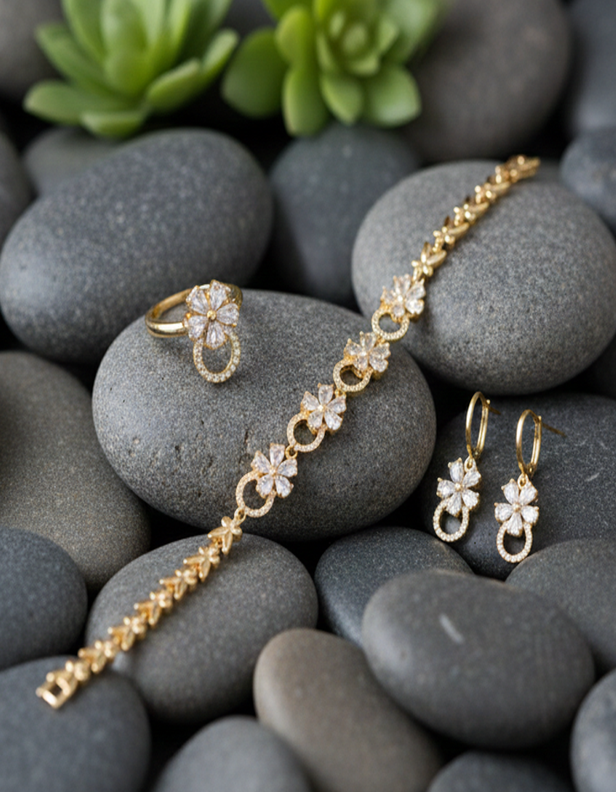 Dazzling Gold-Plated CZ Floral Jewelry Set (Bracelet, Earrings, Ring)