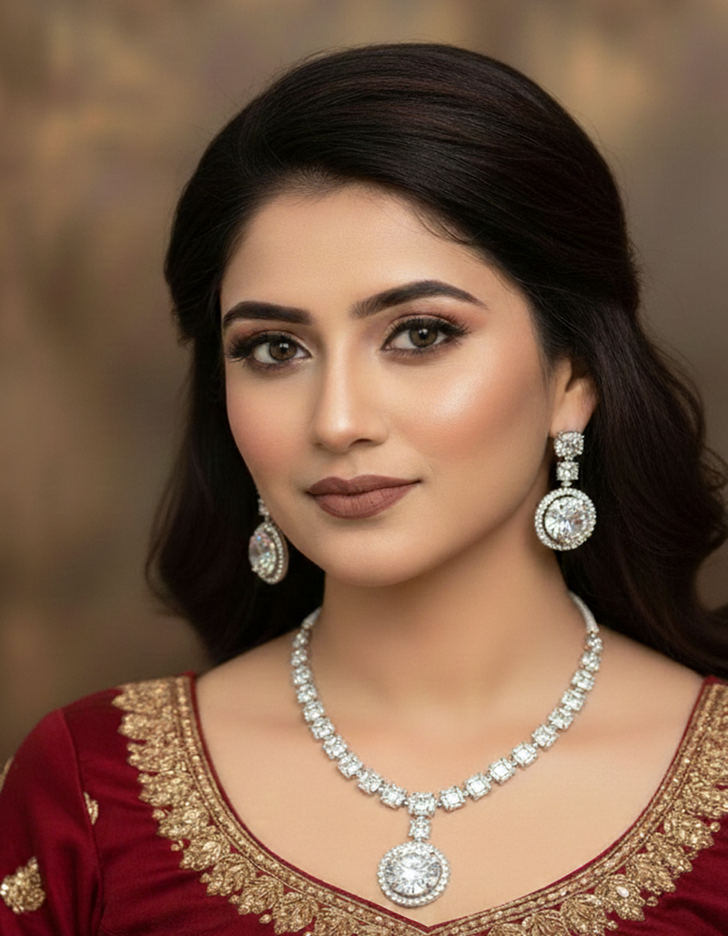 Classic CZ Diamond-Look Bridal Necklace and Earring Set - Adjustable Tassel