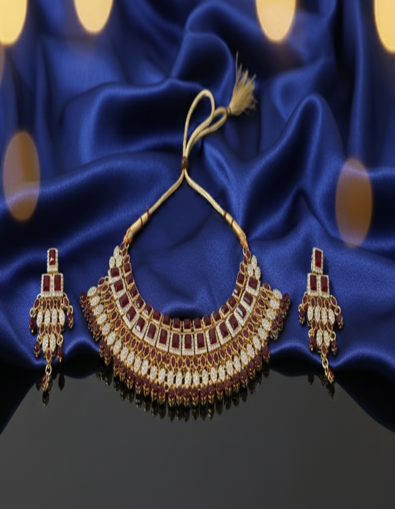 Regal Ruby Red CZ Choker Necklace and Earring Set - Gold Tone Bridal