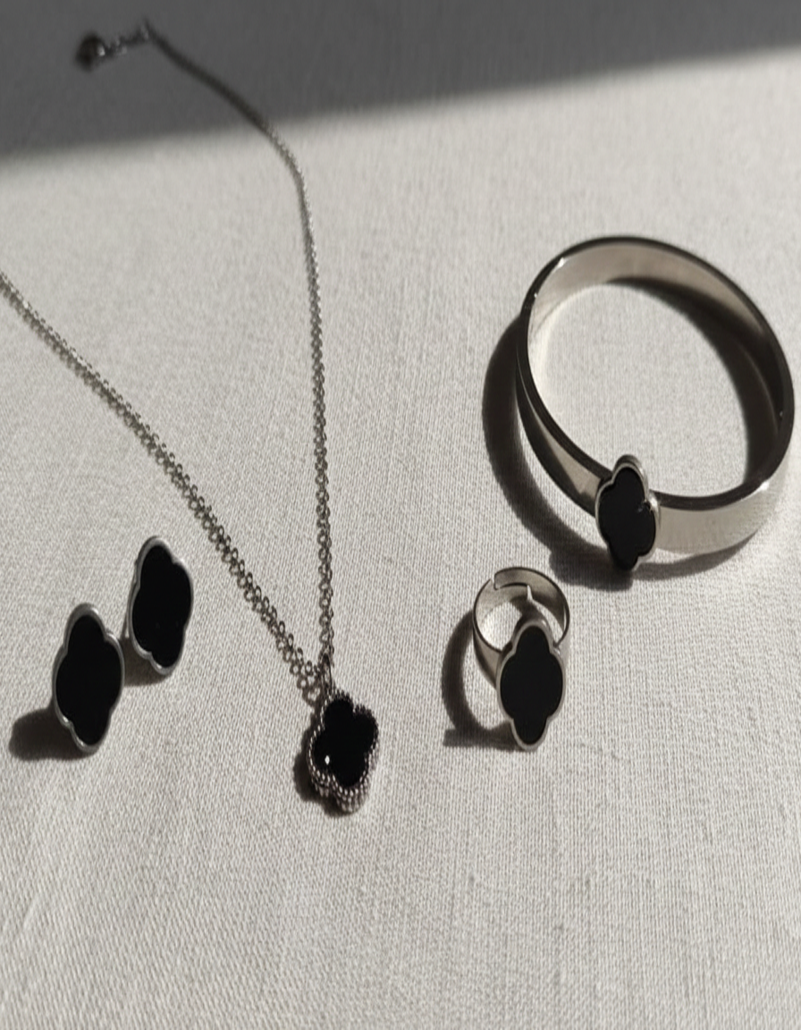 Silver-Tone Black Clover Motif Jewelry Set (Necklace, Earrings, Bangle, Ring)