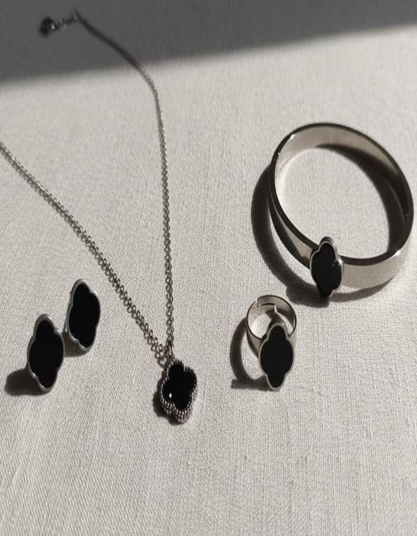 Silver-Tone Black Clover Motif Jewelry Set (Necklace, Earrings, Bangle, Ring)