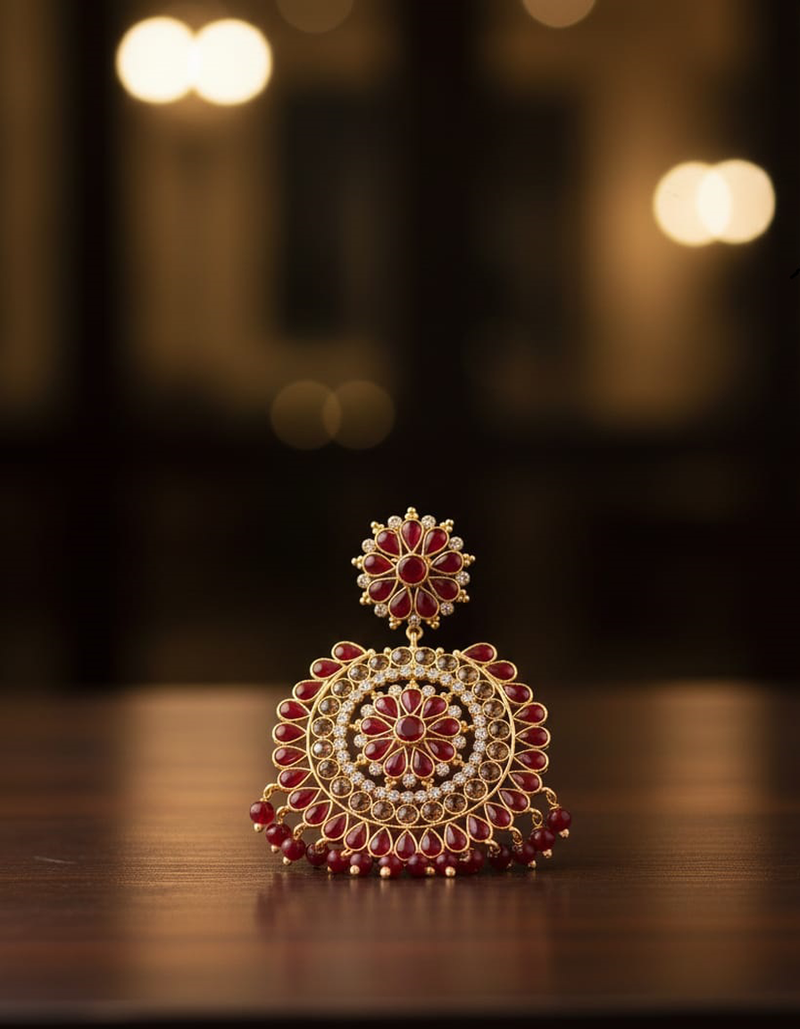 Premium Ruby Red Dangle Earrings - Indian Bridal/Festive Jhumka Style