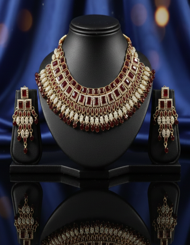 Regal Ruby Red CZ Choker Necklace and Earring Set - Gold Tone Bridal