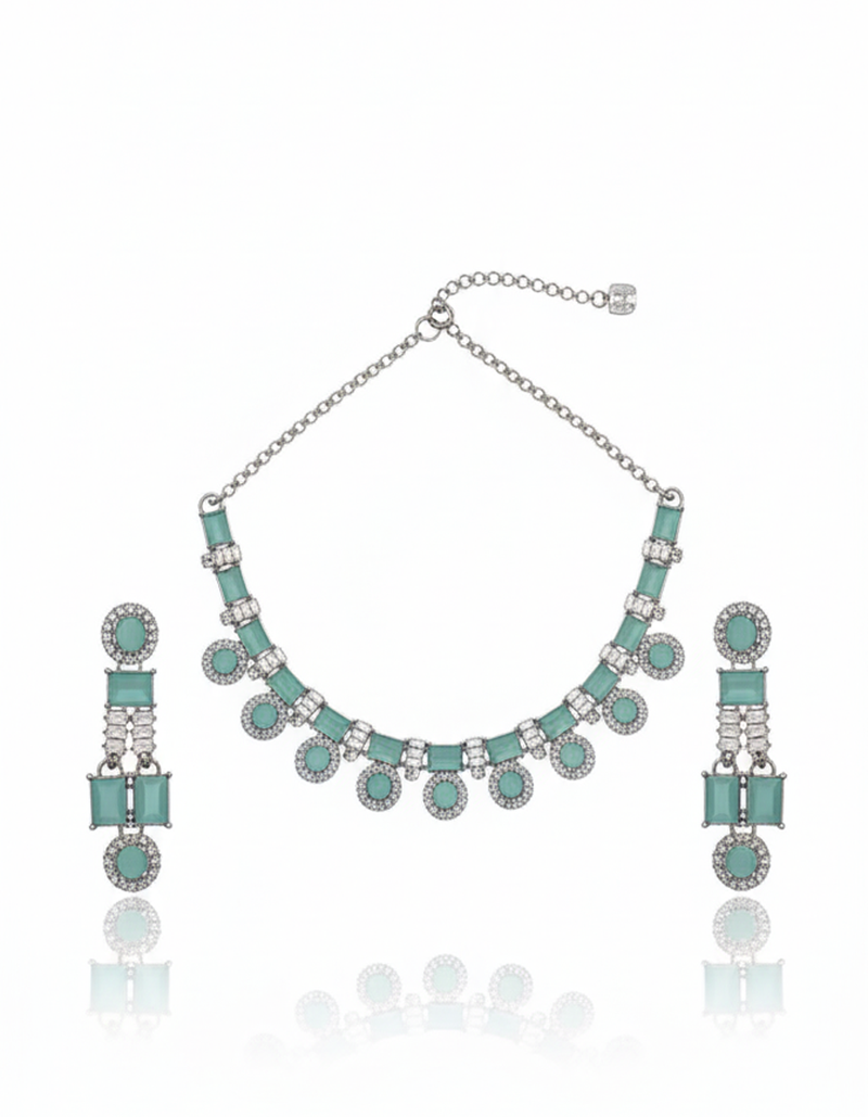 Modern Aqua/Mint Green CZ Geometric Choker Necklace Set