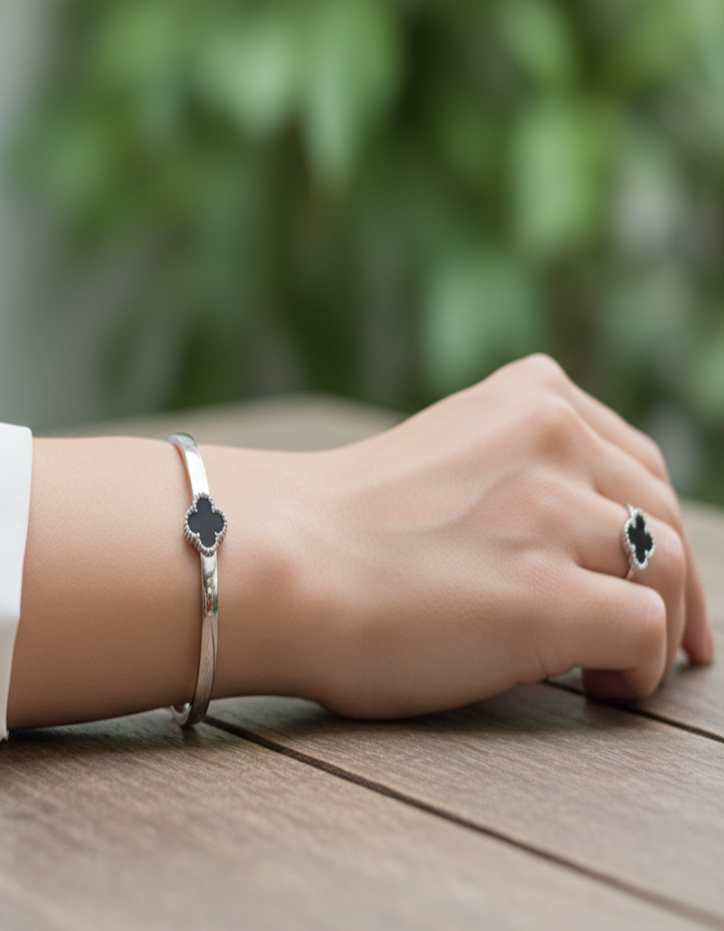 Silver-Tone Black Clover Motif Jewelry Set (Necklace, Earrings, Bangle, Ring)