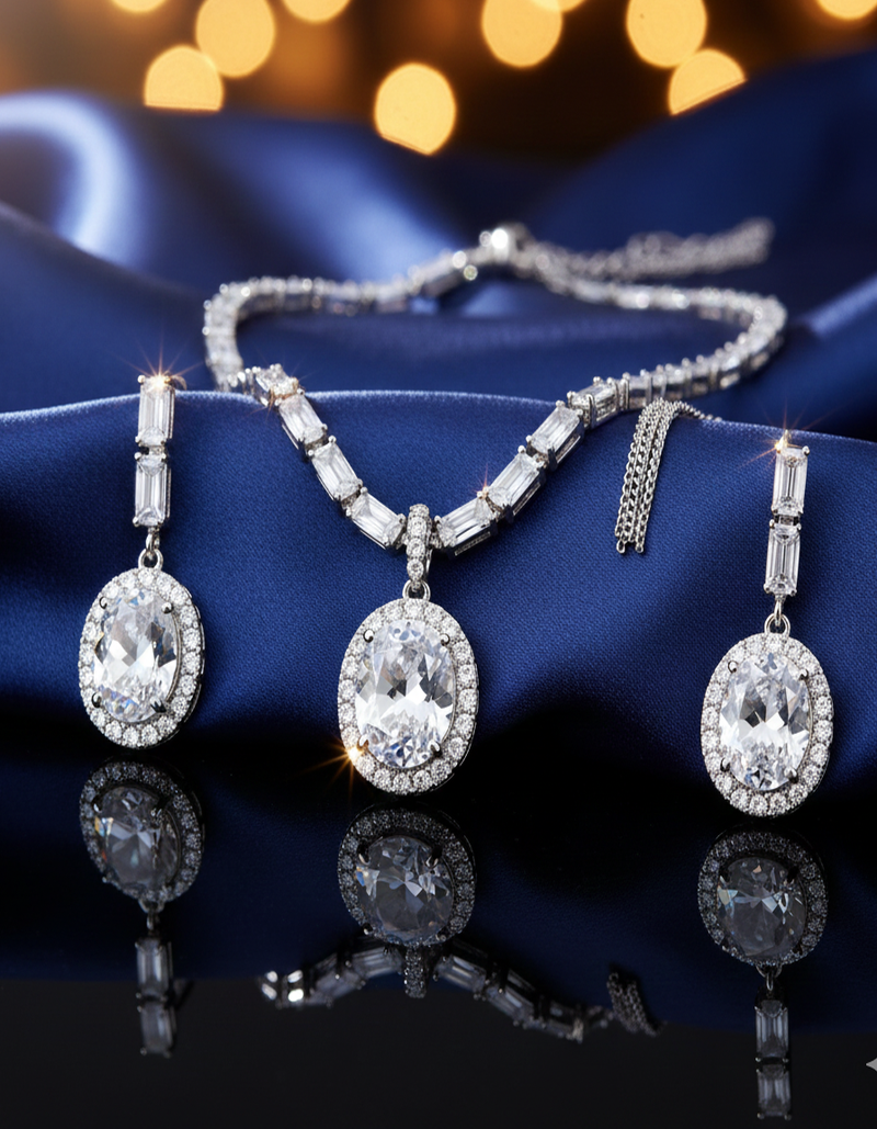 Classic CZ Diamond-Look Bridal Necklace and Earring Set - Adjustable Tassel