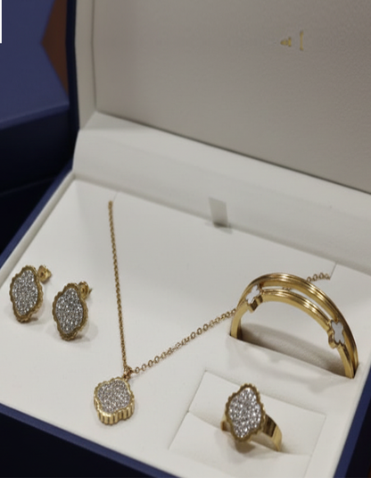 Pave Crystal Clover Gold Necklace Earrings Ring & Bangle Set