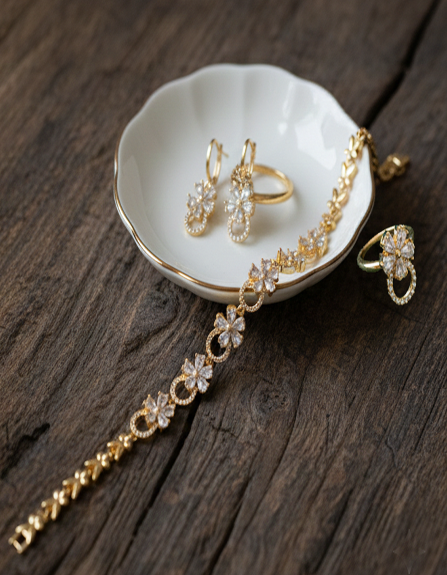 Dazzling Gold-Plated CZ Floral Jewelry Set (Bracelet, Earrings, Ring)