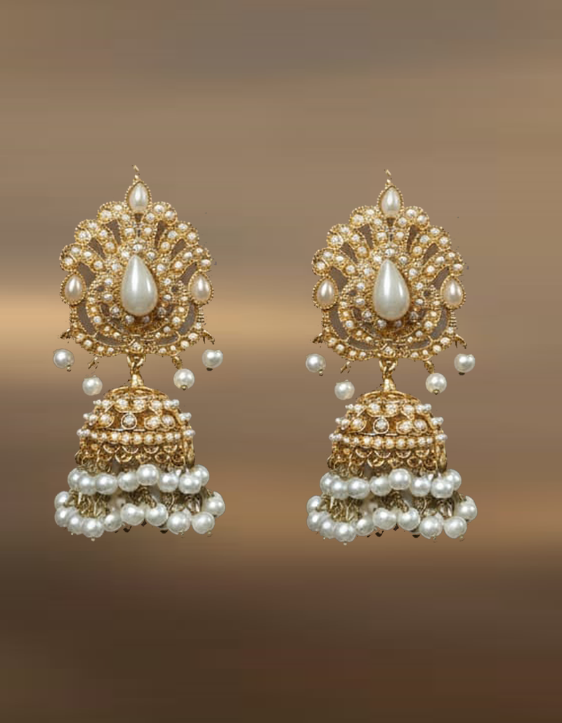 Luxury Pearl Choker Necklace and Jhumka Earring Set - Gold Tone Bridal