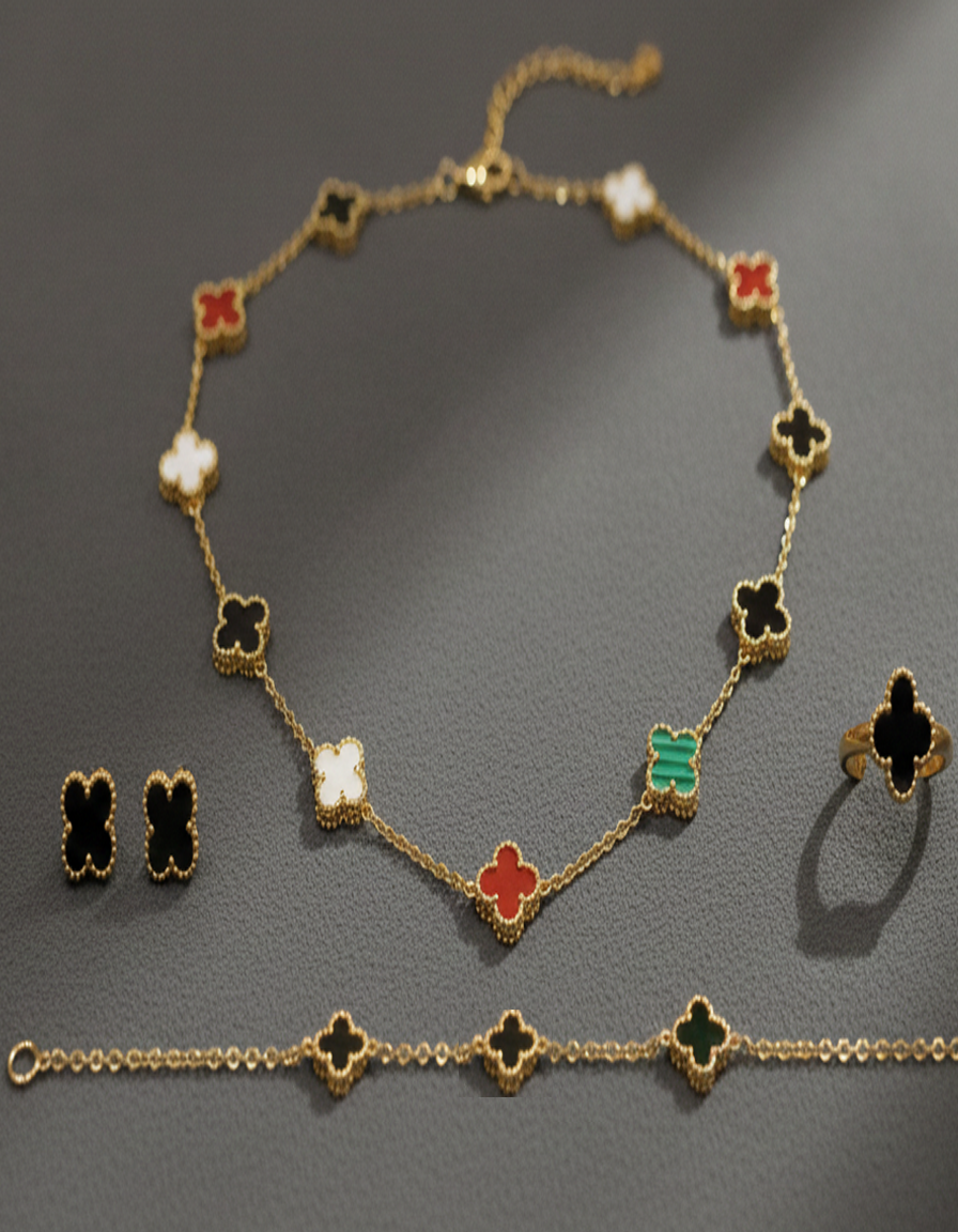 Elegant Gold-Plated Clover Motif Necklace, Earrings & Ring Set