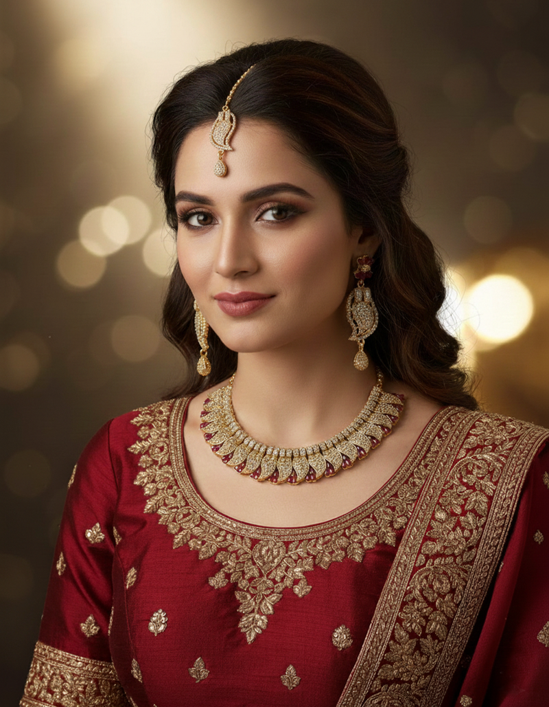 Complete Red Stone CZ Bridal Jewellery Set with Necklace, Earrings & Maang Tikka