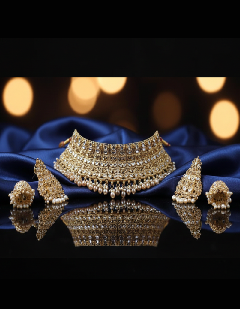 Premium Polki/Kundan Bridal Choker Necklace and Jhumka Earring Set