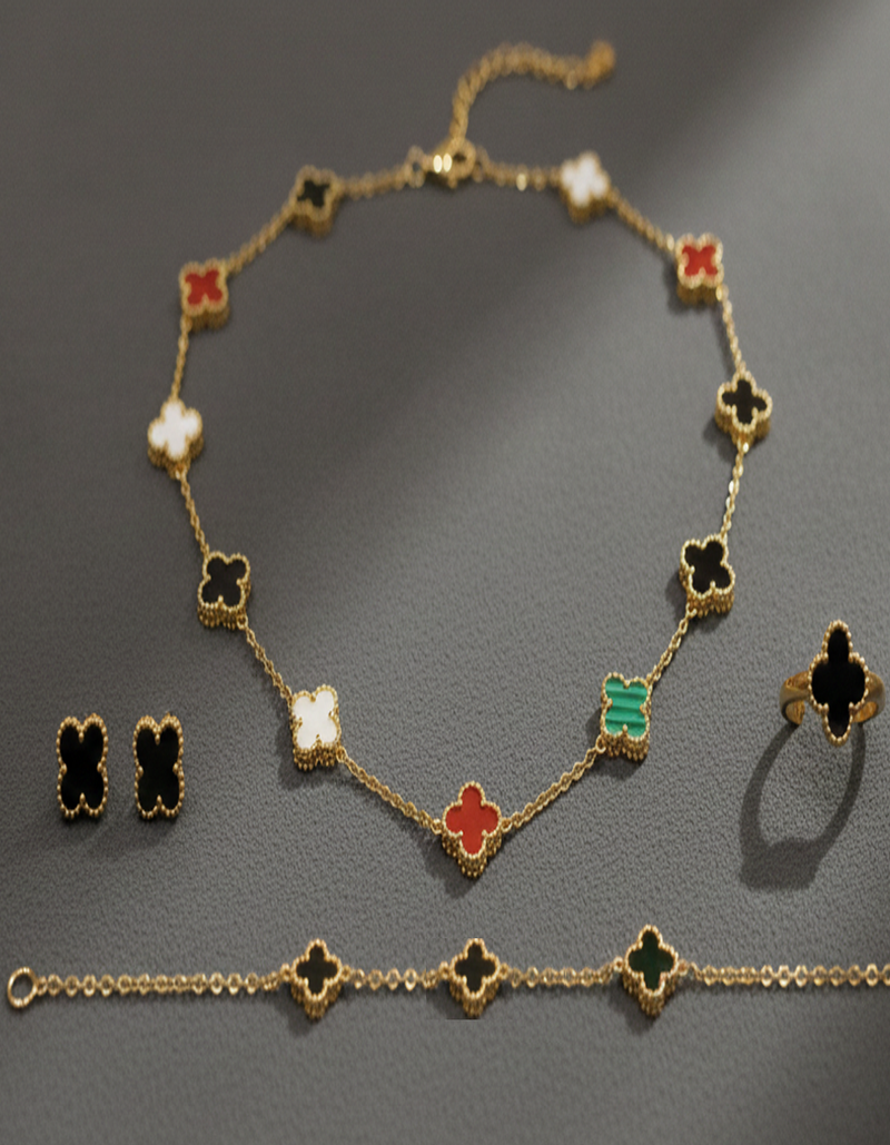 Elegant Gold-Plated Clover Motif Necklace, Earrings & Ring Set