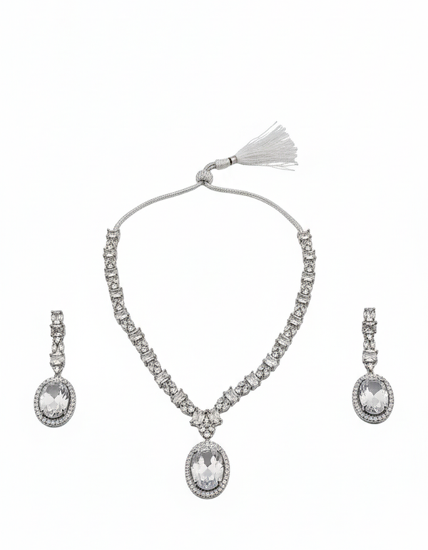 Classic CZ Diamond-Look Bridal Necklace and Earring Set - Adjustable Tassel