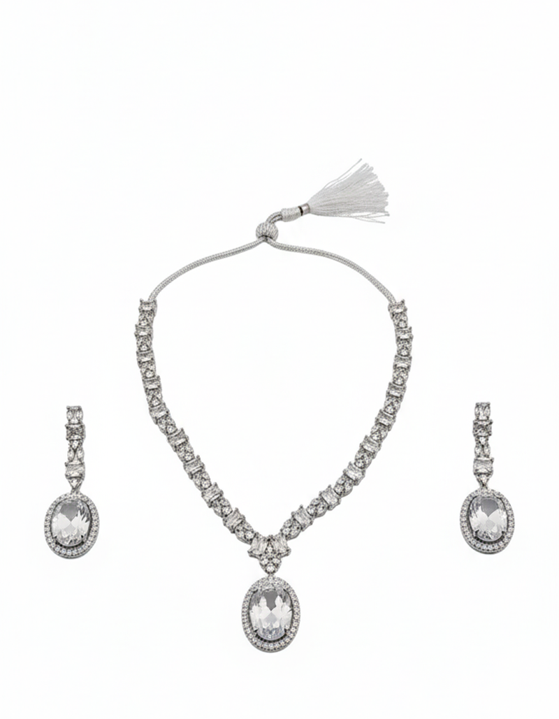 Classic CZ Diamond-Look Bridal Necklace and Earring Set - Adjustable Tassel