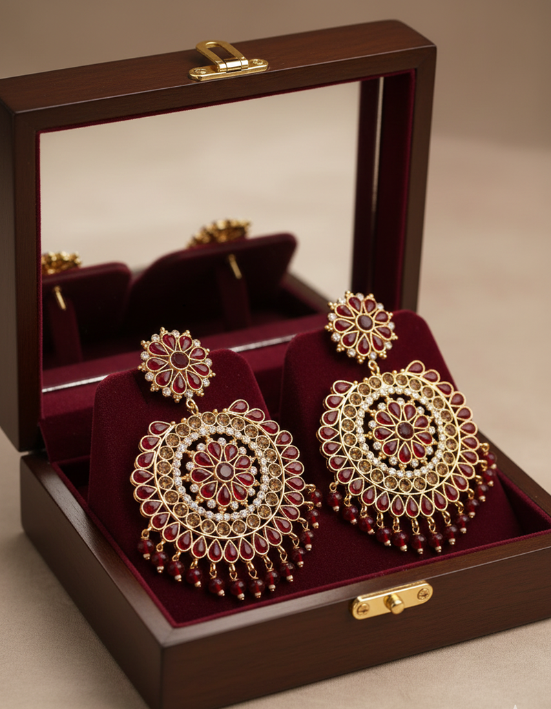 Premium Ruby Red Dangle Earrings - Indian Bridal/Festive Jhumka Style