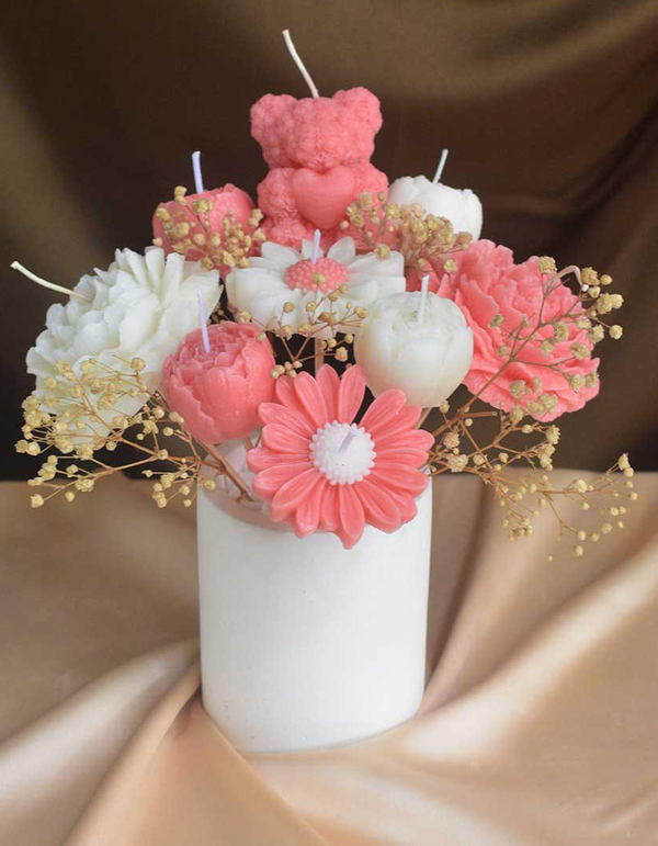 Sweet Pink & White Floral Teddy Bear Candle Bouquet